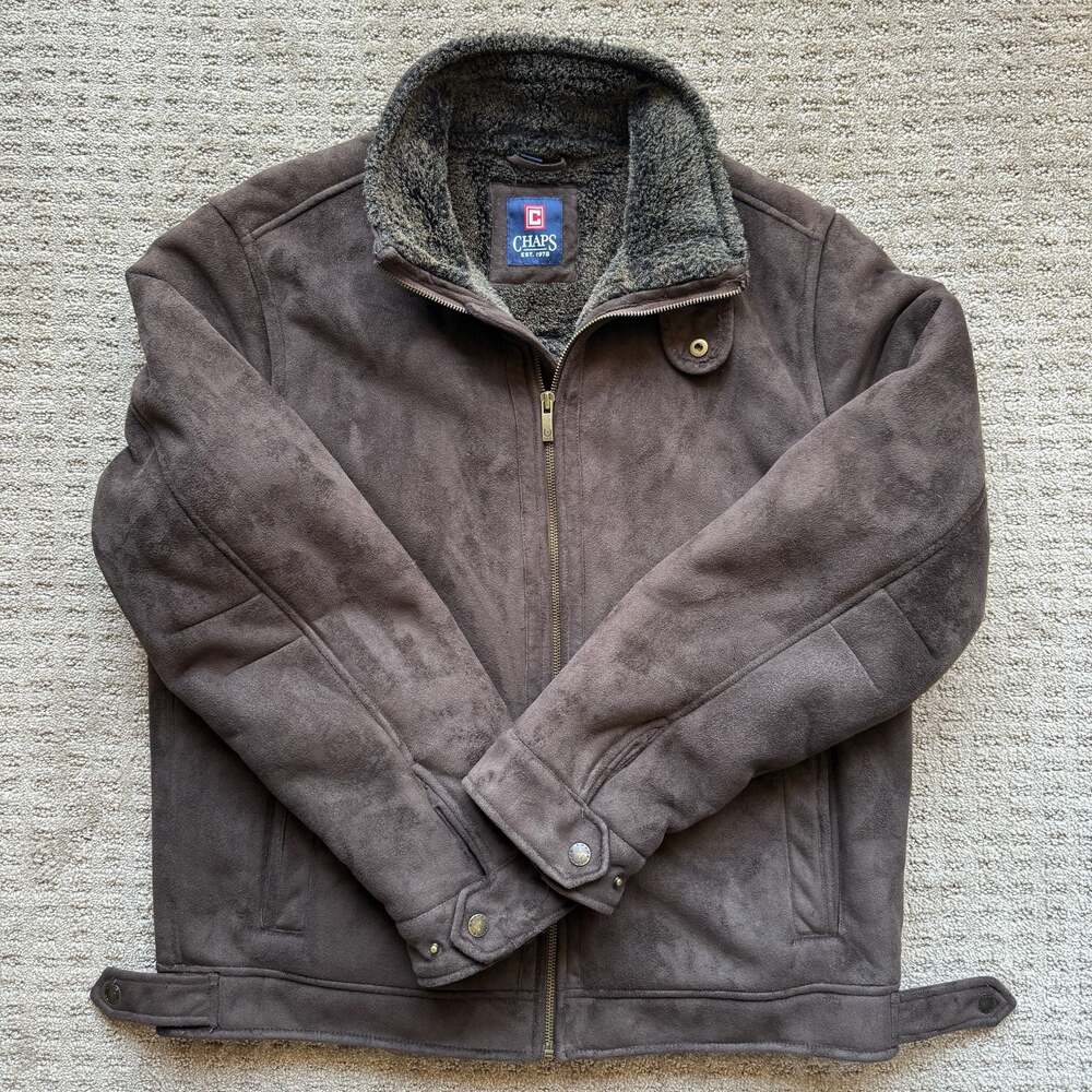 Chaps Men's Brown Faux Suede Sherpa Lined Full Zip Jacket Size M